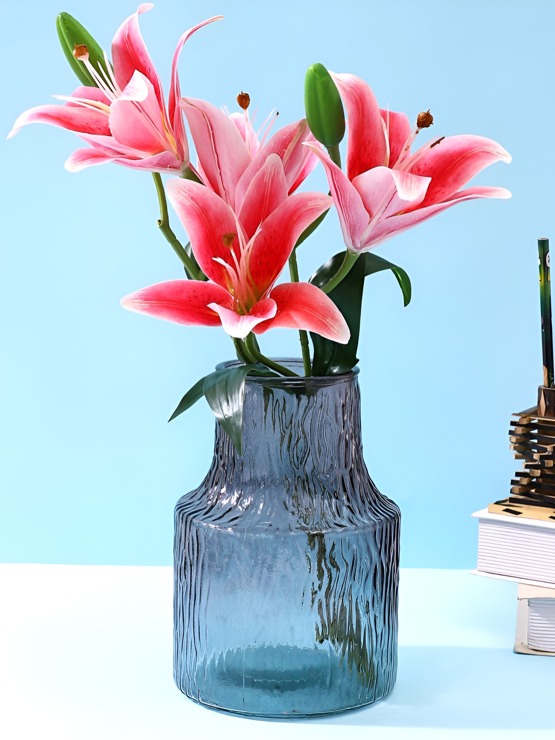 Myntra Elegant Homes Twilight Ripple Blue Textured Glass Flower Vase