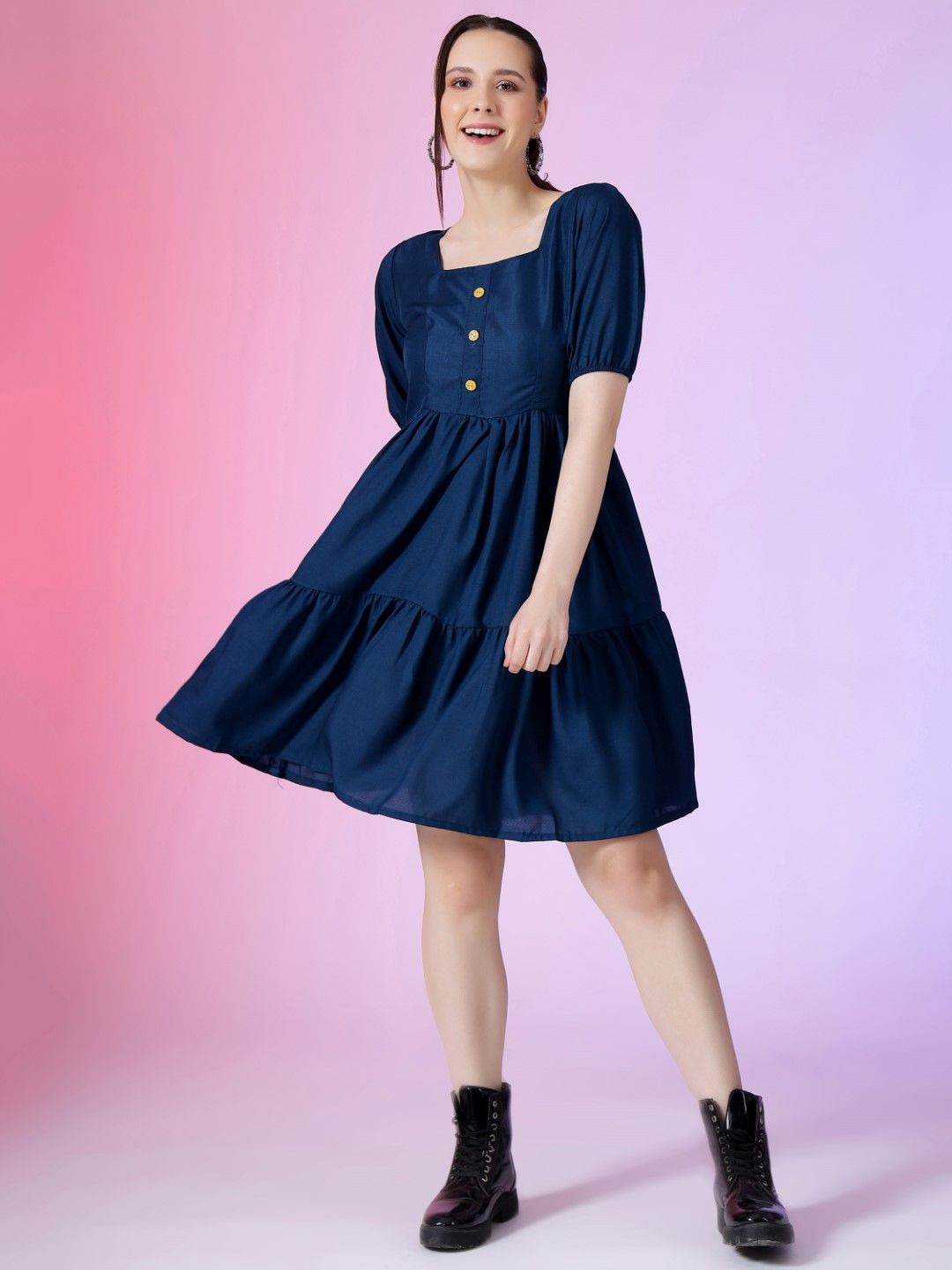 Raiyani Enterprise Solid Blue Square Neck Puff Sleeves Fit & Flare Dress