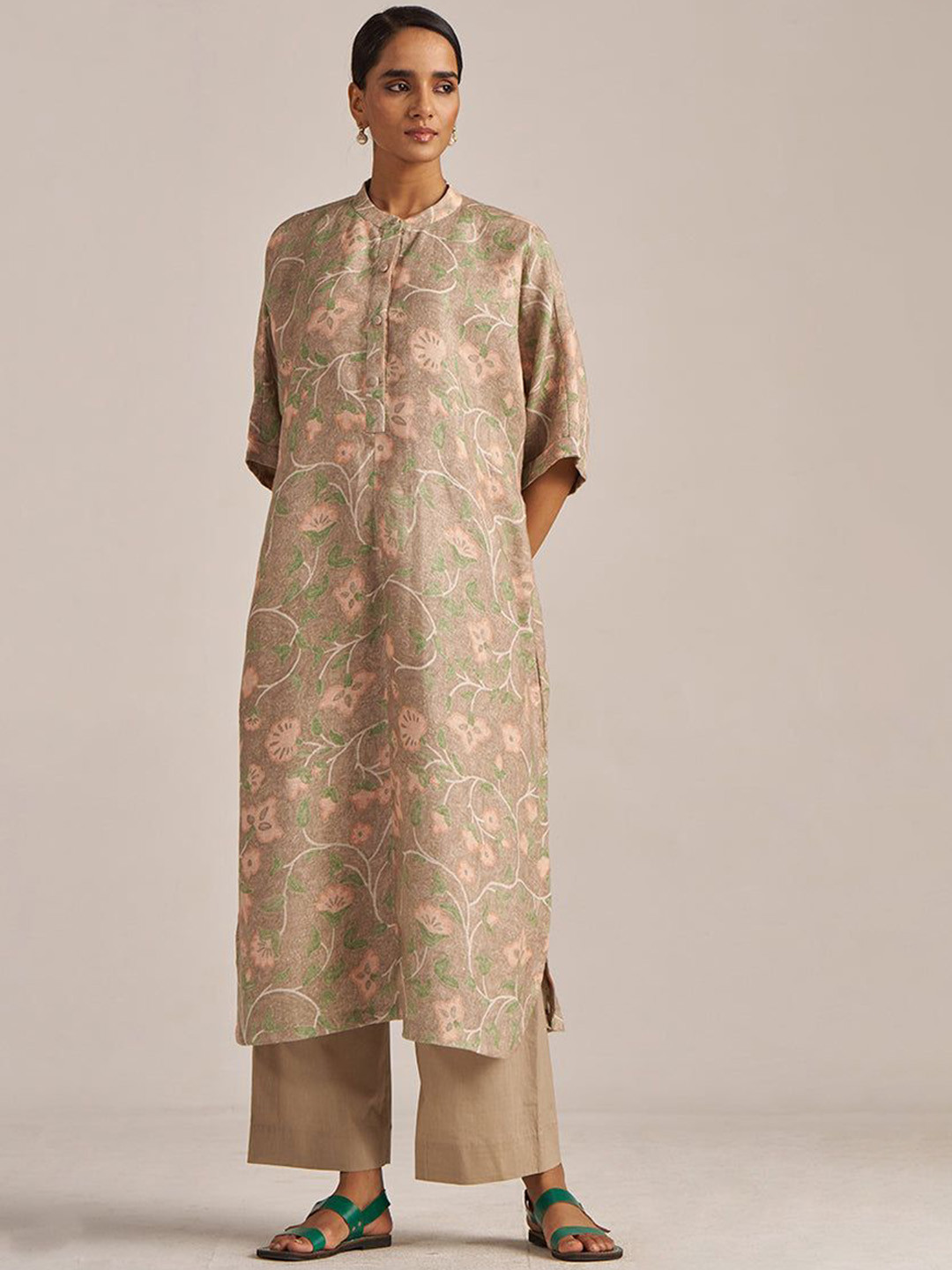 Ganga Floral Printed Band Collar Linen Straight Kurta With Palazzo