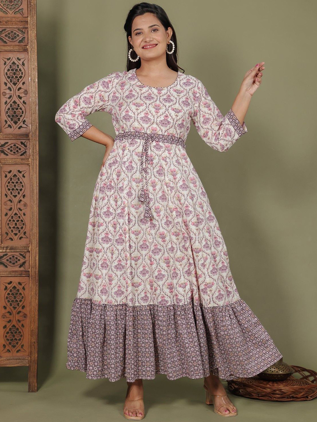 Aramya Floral Printed Round Neck Anarkali Pure Coton Ethnic Dress