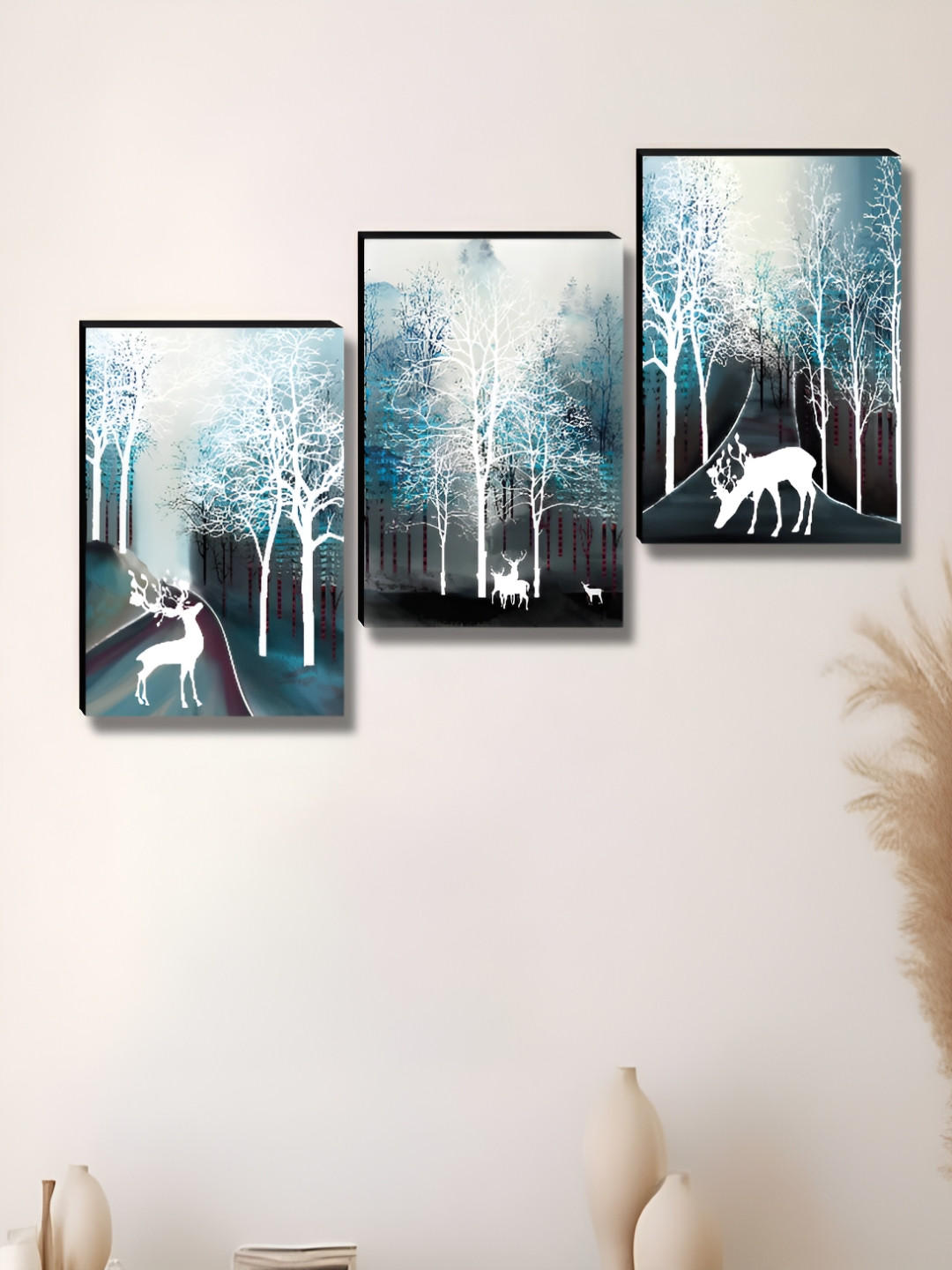 Myntra Elegant Homes Deer & Trees Synthetic Wood 3 Piece Paintings Wall Art - 12 x 36 In