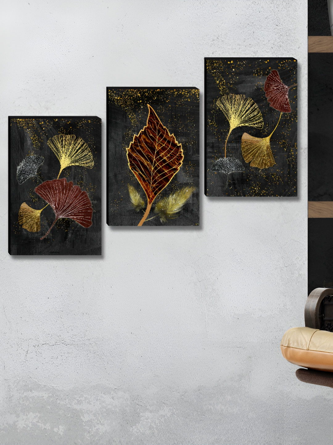 Myntra Elegant Homes Navy Blue & Gold-Toned 3 Pieces Leaf Floral and Botanical Wall Art