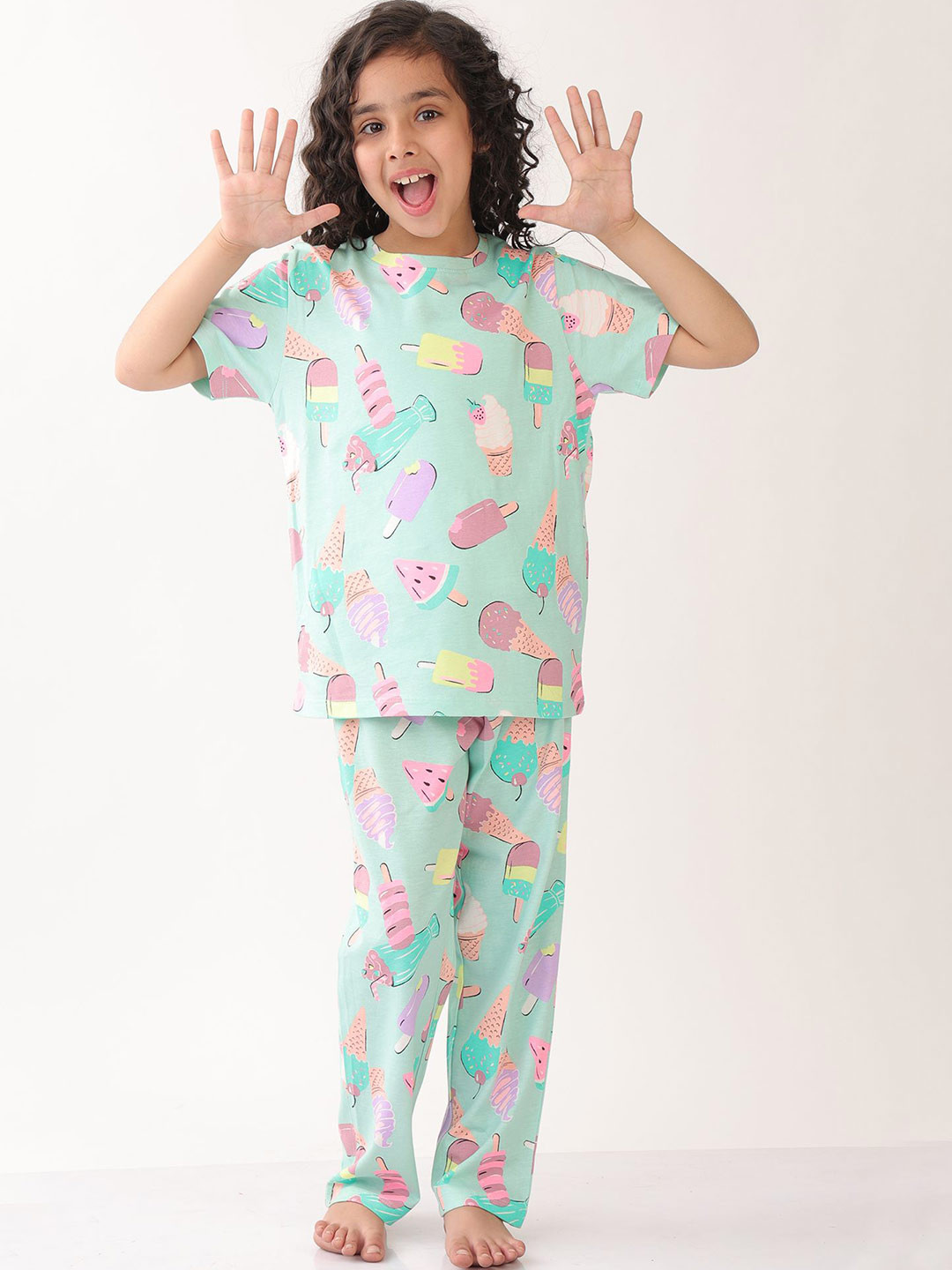 Anthrilo Girls Graphic Printed Summer Ice Cream Short Sleeve Pyjama Set Aqua