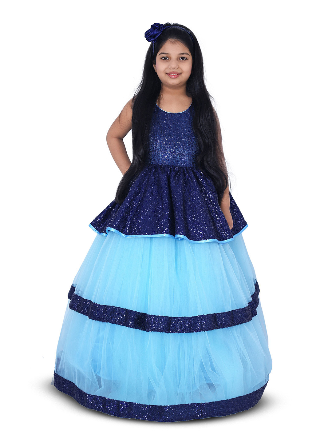 Wow Princess Girls Round Neck Net Sheen Peplum Maxi Dress