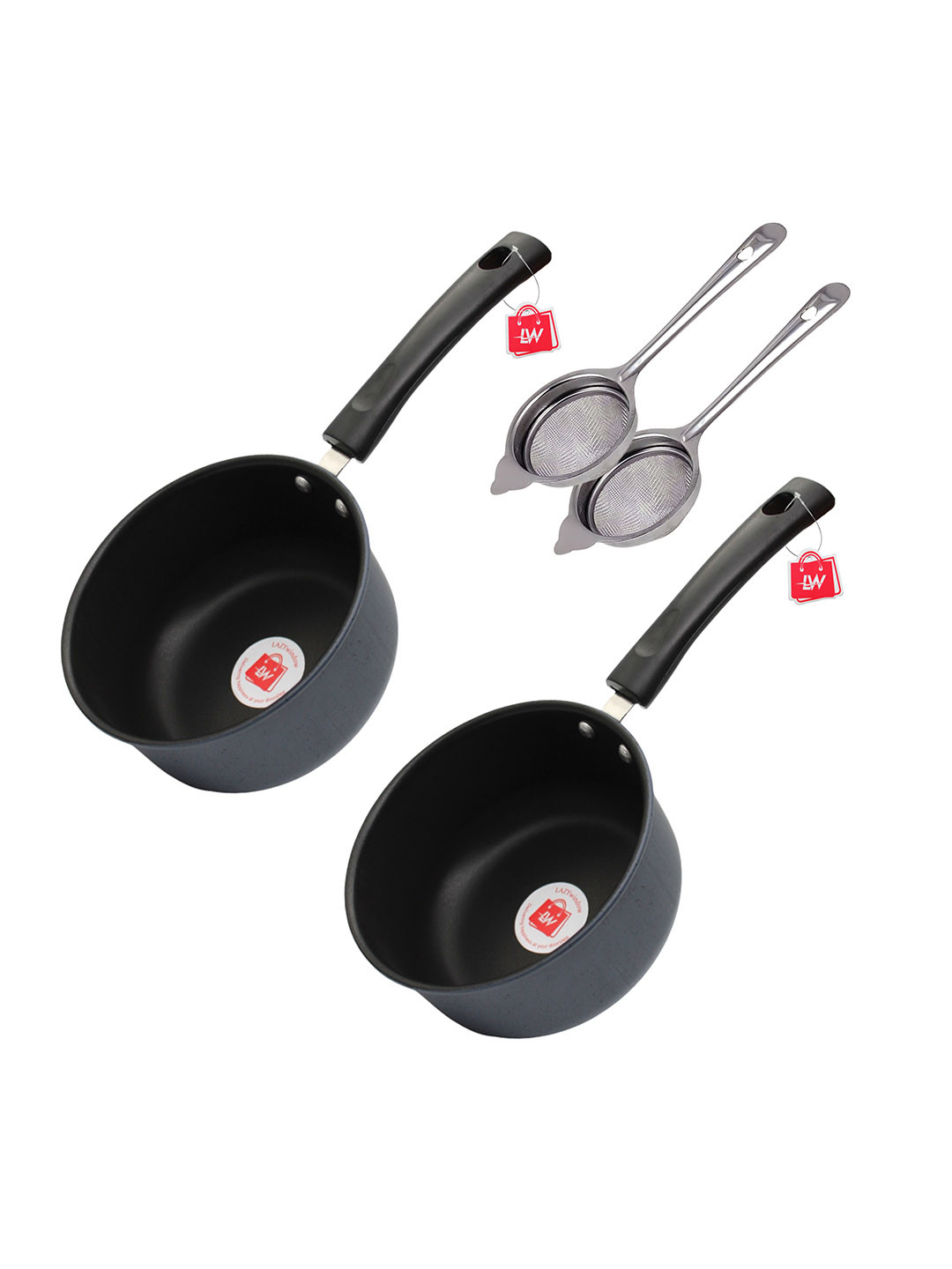 LAZYwindow Grey & Black 4 Pieces Squce Pan 1.5L And Tea Strainer