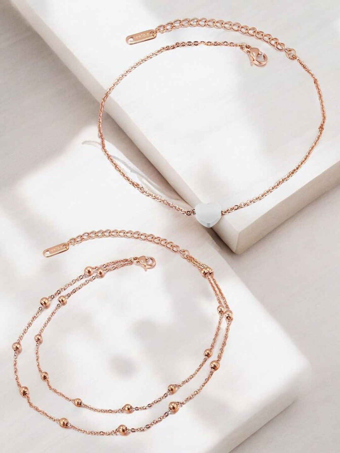 DressBerry Set of 2 Gold-Plated Heart & Beads Multi Layer Anklets