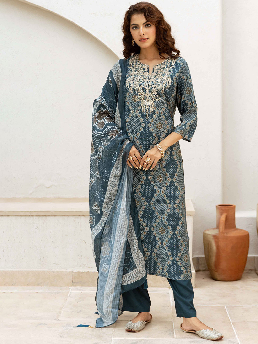 DIVASTRI Floral Embroidered Notch Neck Modal Muslin Straight Kurta With Trousers & Dupatta