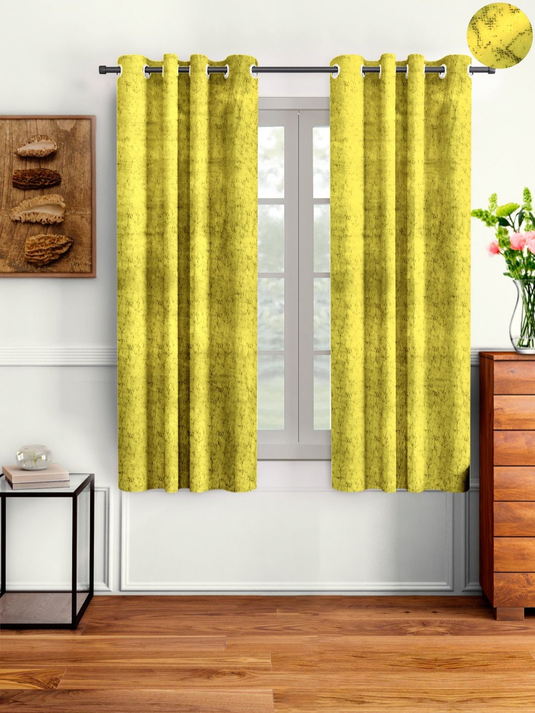 Myntra Elegant Homes Yellow & Grey 2 Pieces Velvet Abstract Printed Window