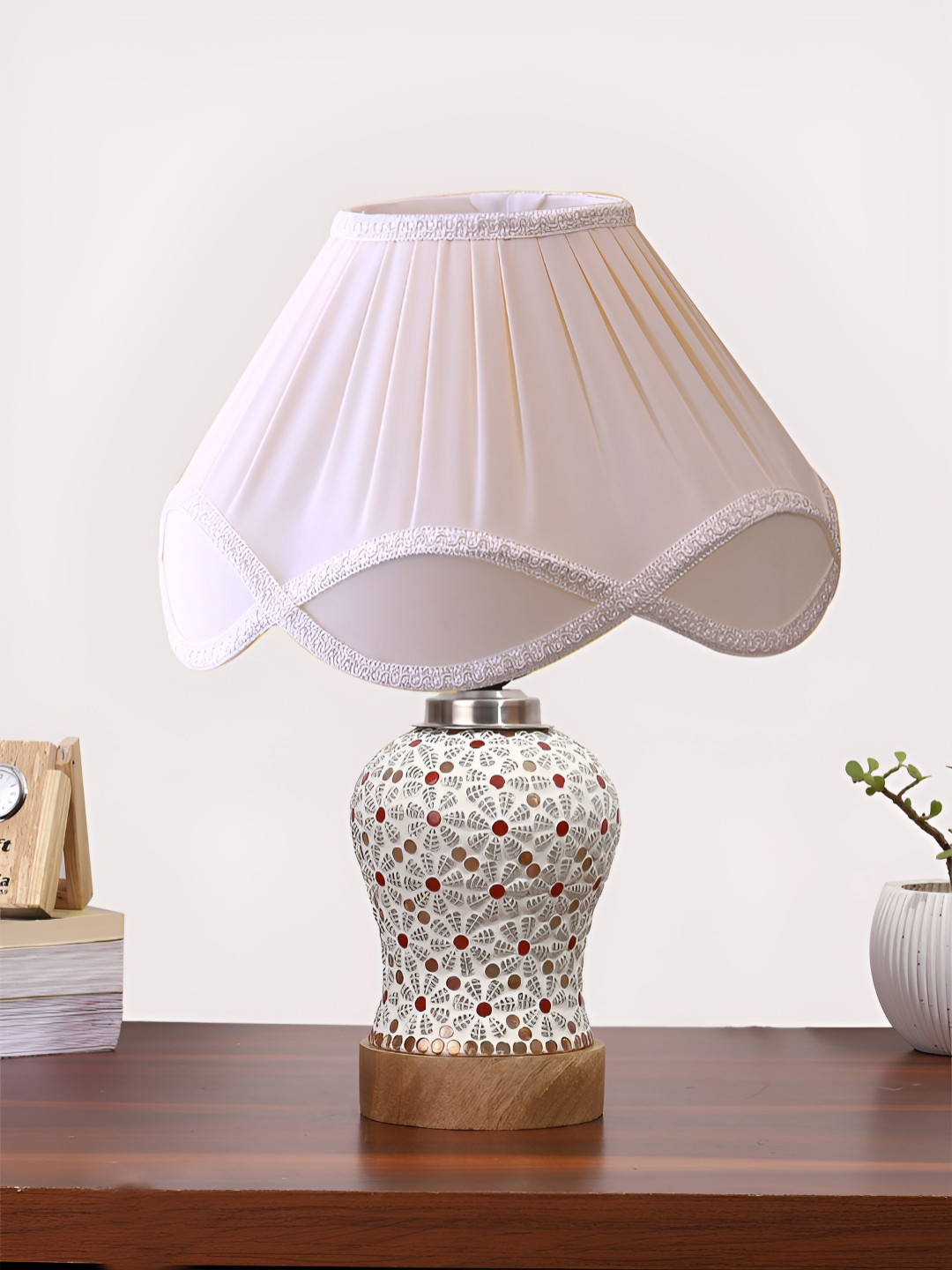 Devansh Off White & Red Printed Frustum Shaped Wooden Table Lamp
