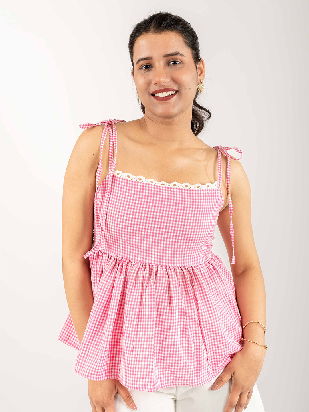 MONOMEE Women Checked Shoulder Straps Regular Peplum Tie-Ups Top