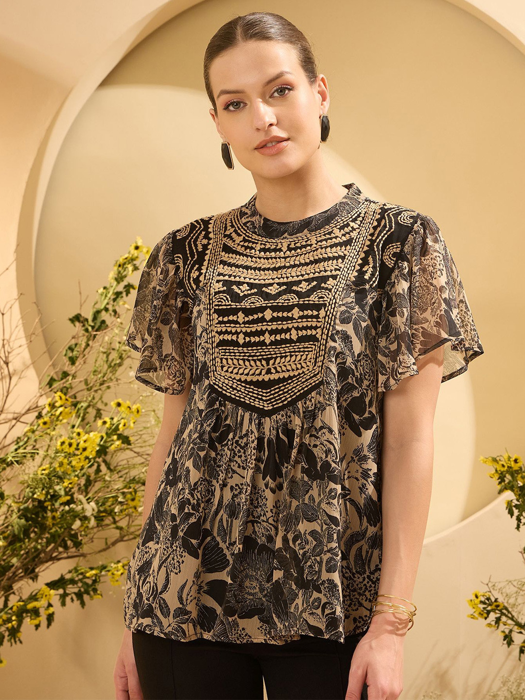 Antheaa Floral Printed Sequin Detail Regular Top with Pleated Detail