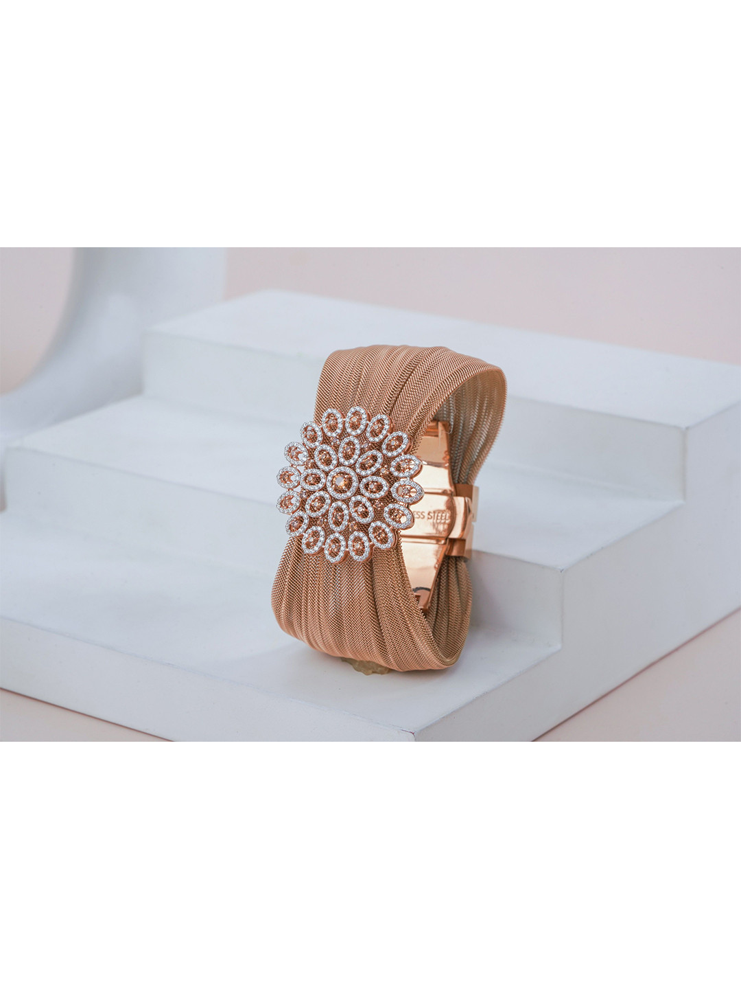 KIORAH Rose Gold -Plated Cubic Zirconia Studded Cuff Bracelet
