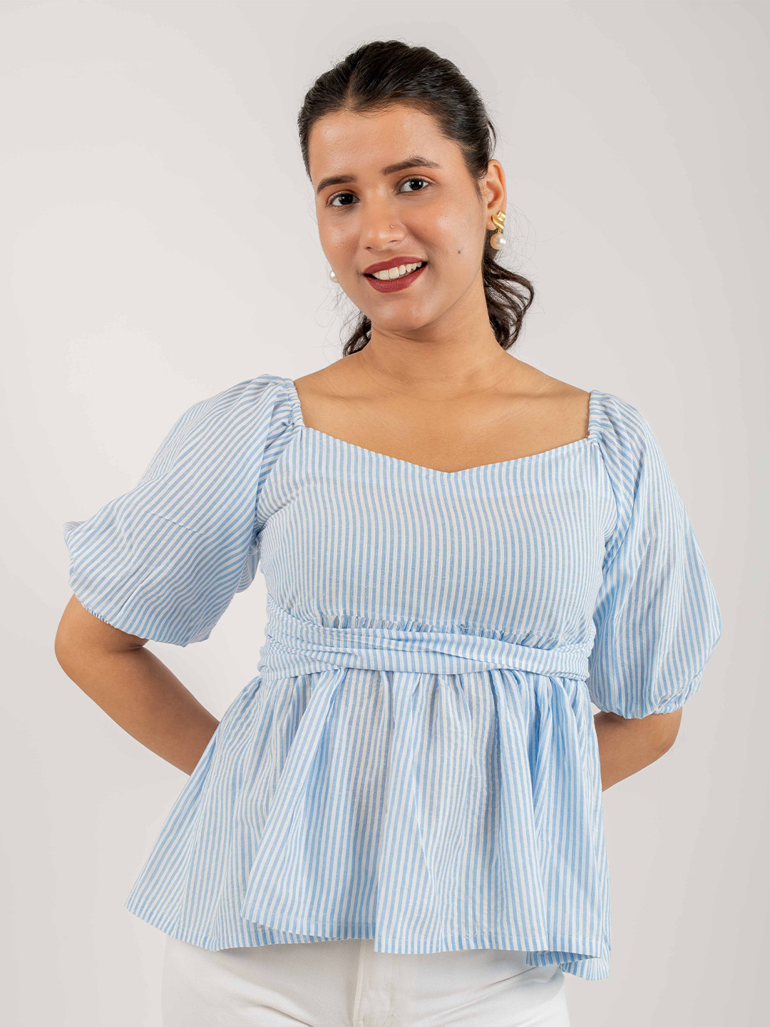 MONOMEE Striped Sweetheart Neck Waist Tie-Ups Cotton Peplum Top