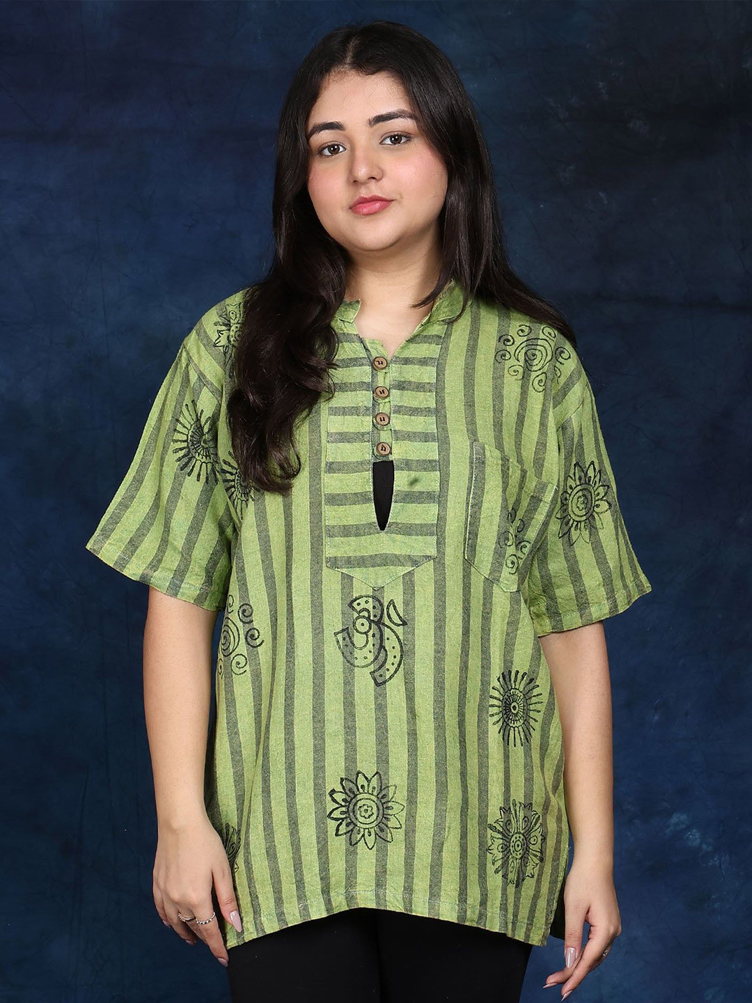 Exotic India Cotton Printed Auspicious Symbols of Hinduism and Front Pocket Short Kurti