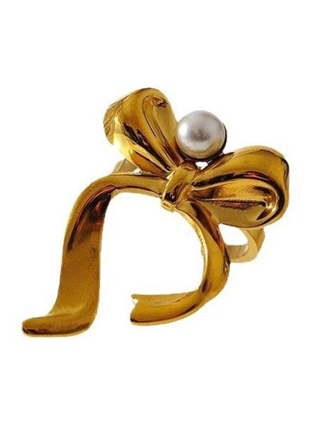 Just Lil Things Pearls Beaded Stainless Steel Ribbon Bow Design Finger Ring
