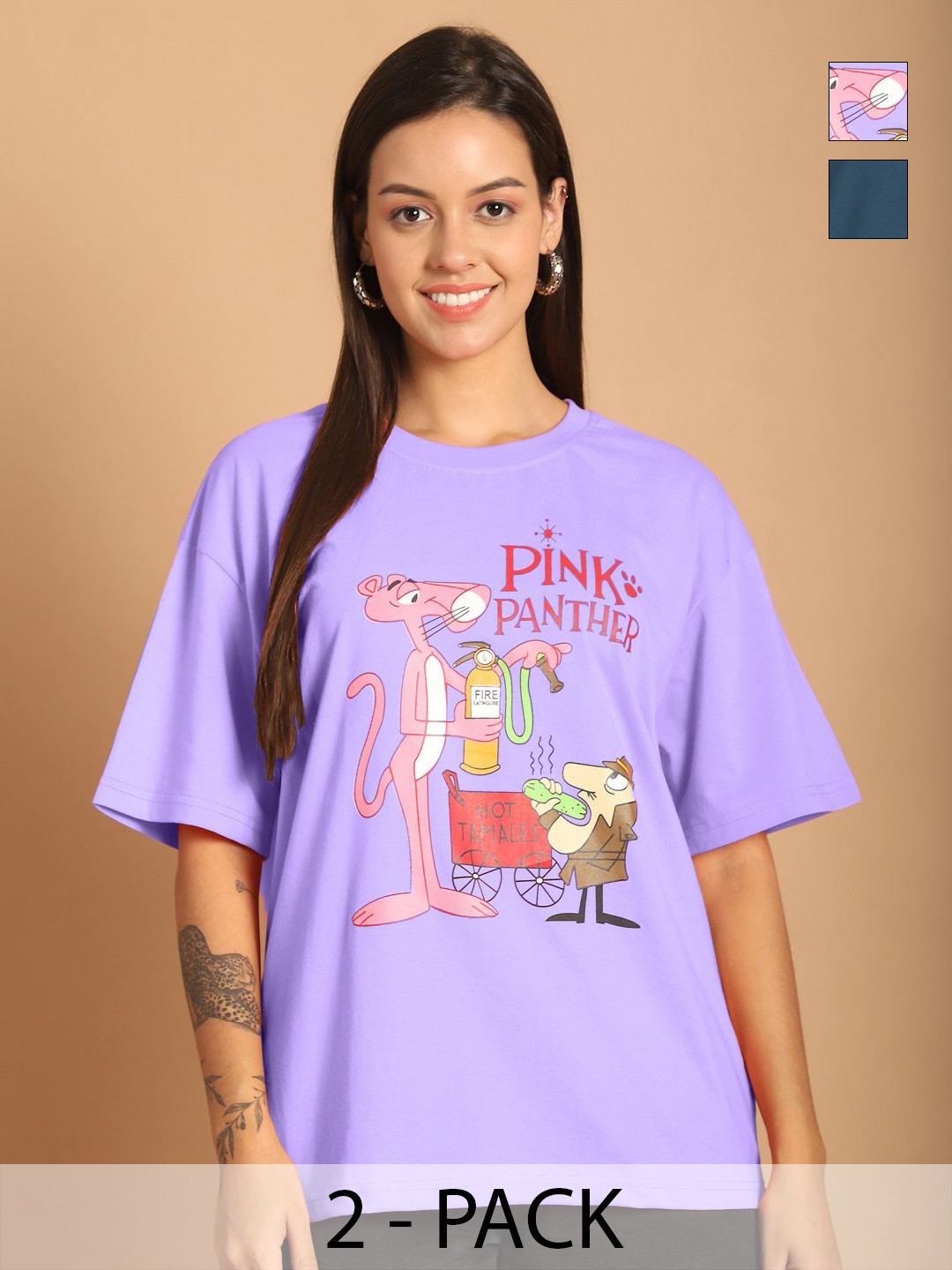 Tromko Women Pack of 2 Pink Panther Graphic Printed Round Neck Cotton Oversized T-shirts