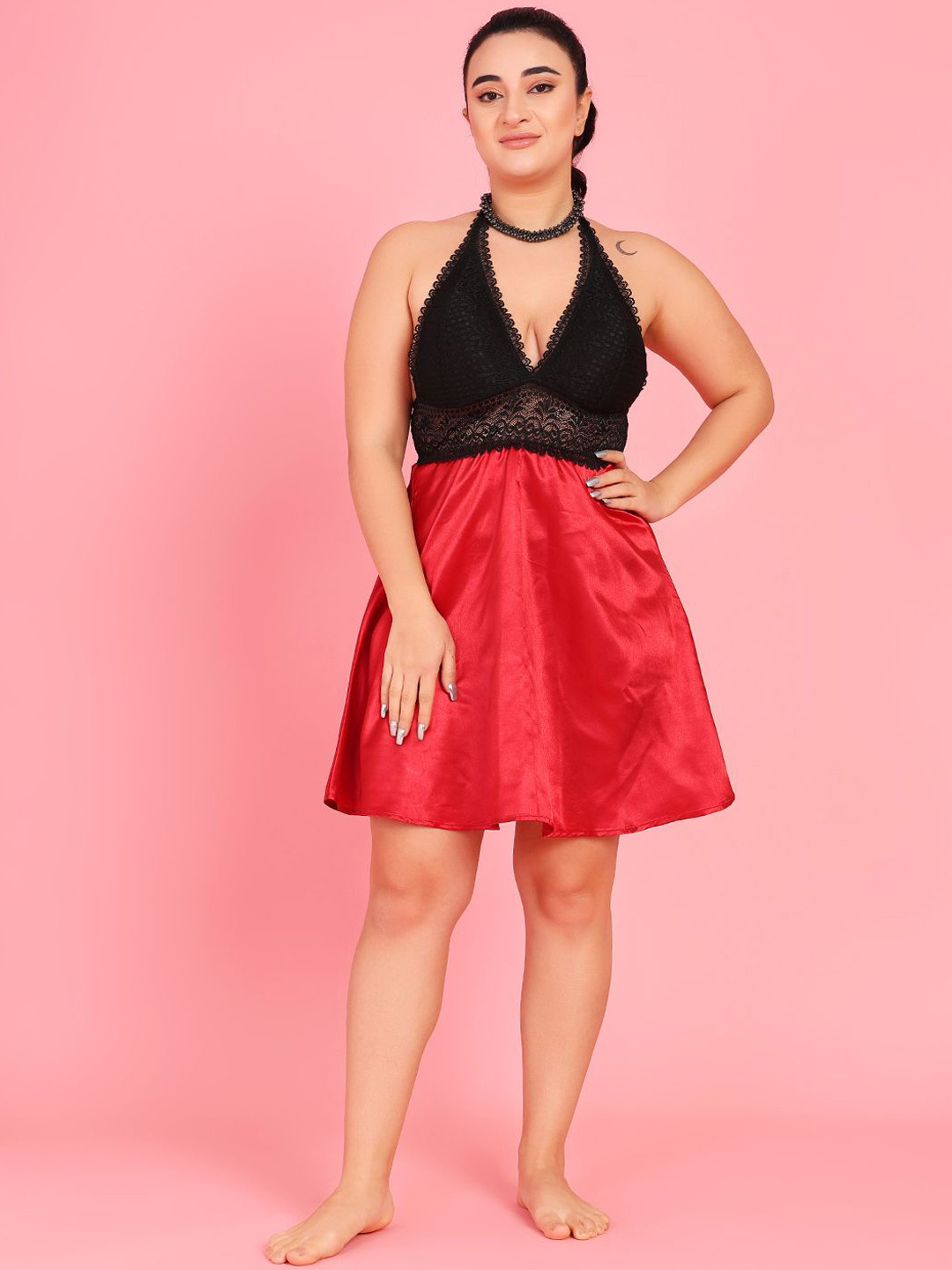 Curvy Love Women Plus Size Halter Neck Satin Baby Doll