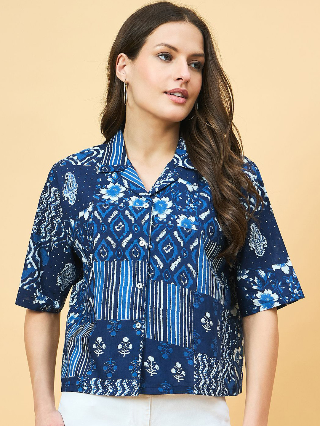 Azira Women Cuban Collar Abstract Printed Cotton Casual Shirt