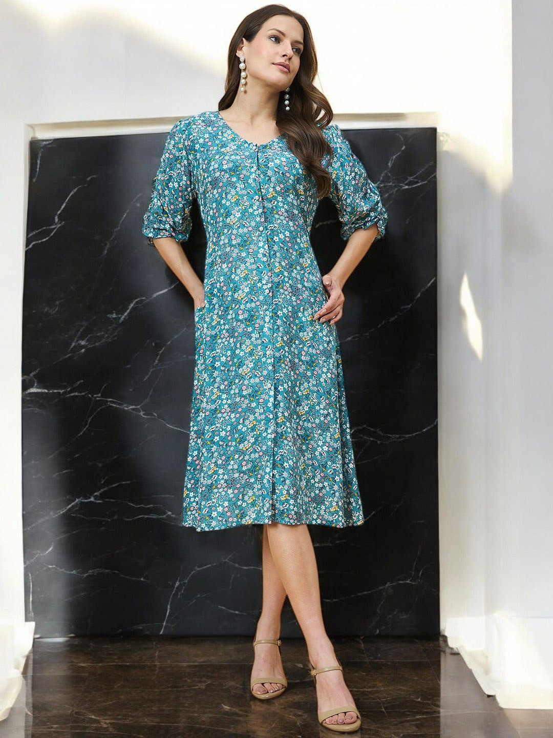 Azira Women Floral Printed A-Line Midi Dress