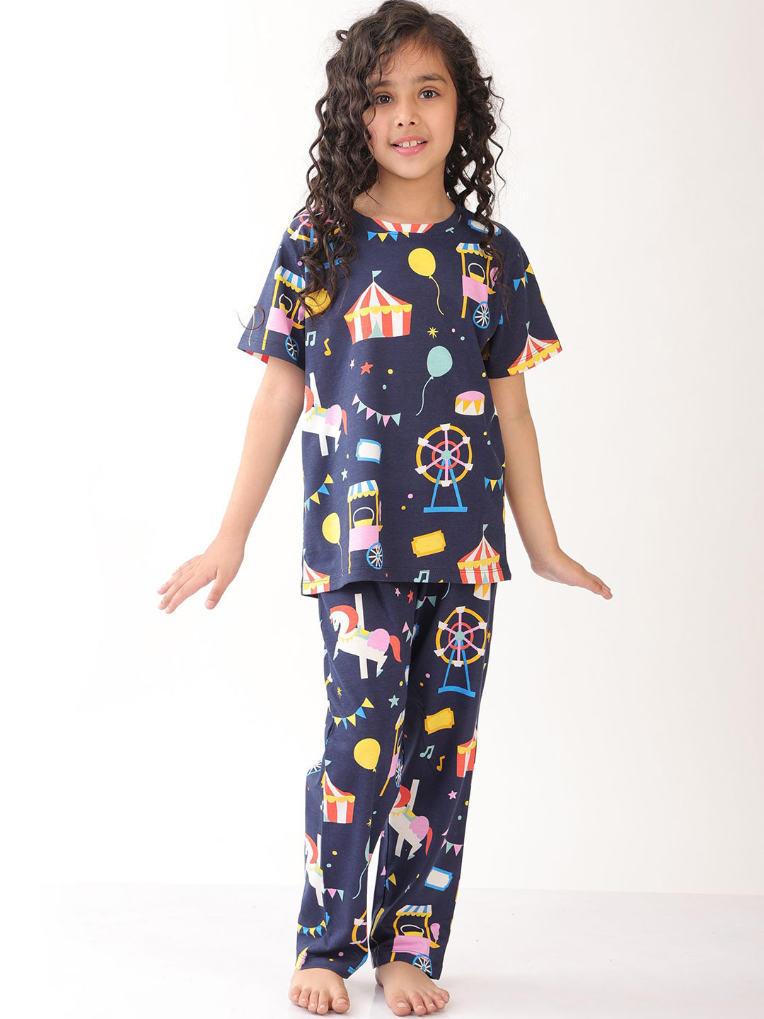 Anthrilo Girls Printed Summer Carnival Circus Short Sleeve Pyjama Set