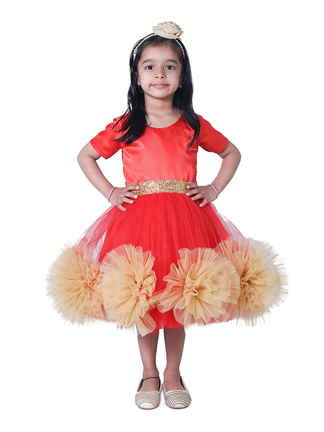 Wow Princess Girls Embellished Belted Net Round Neck Gown Tulle Midi Dress