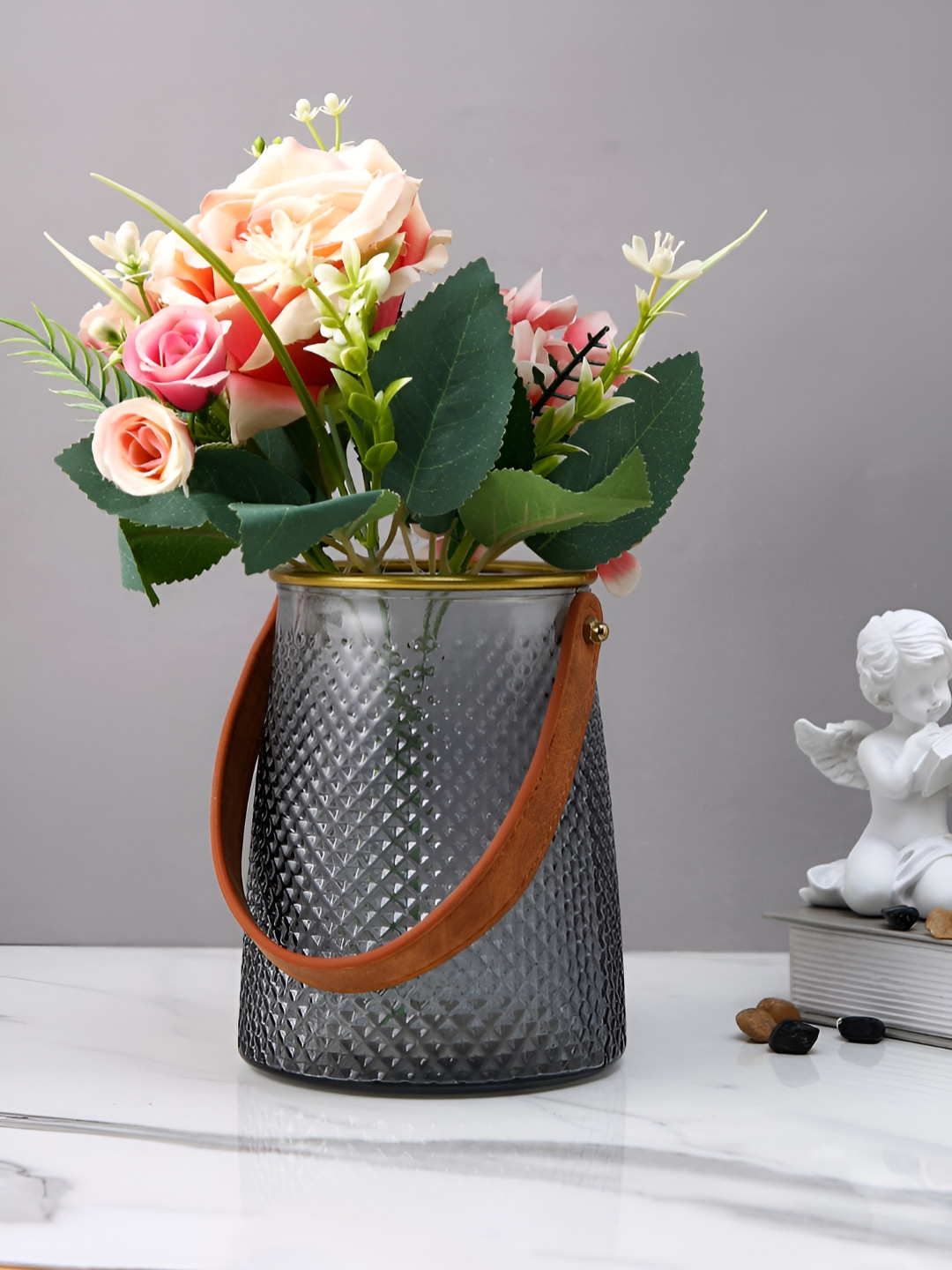 TAYHAA Midnight Luxe Grey & Brown Textured Glass Lantern Flower Vase With Handle