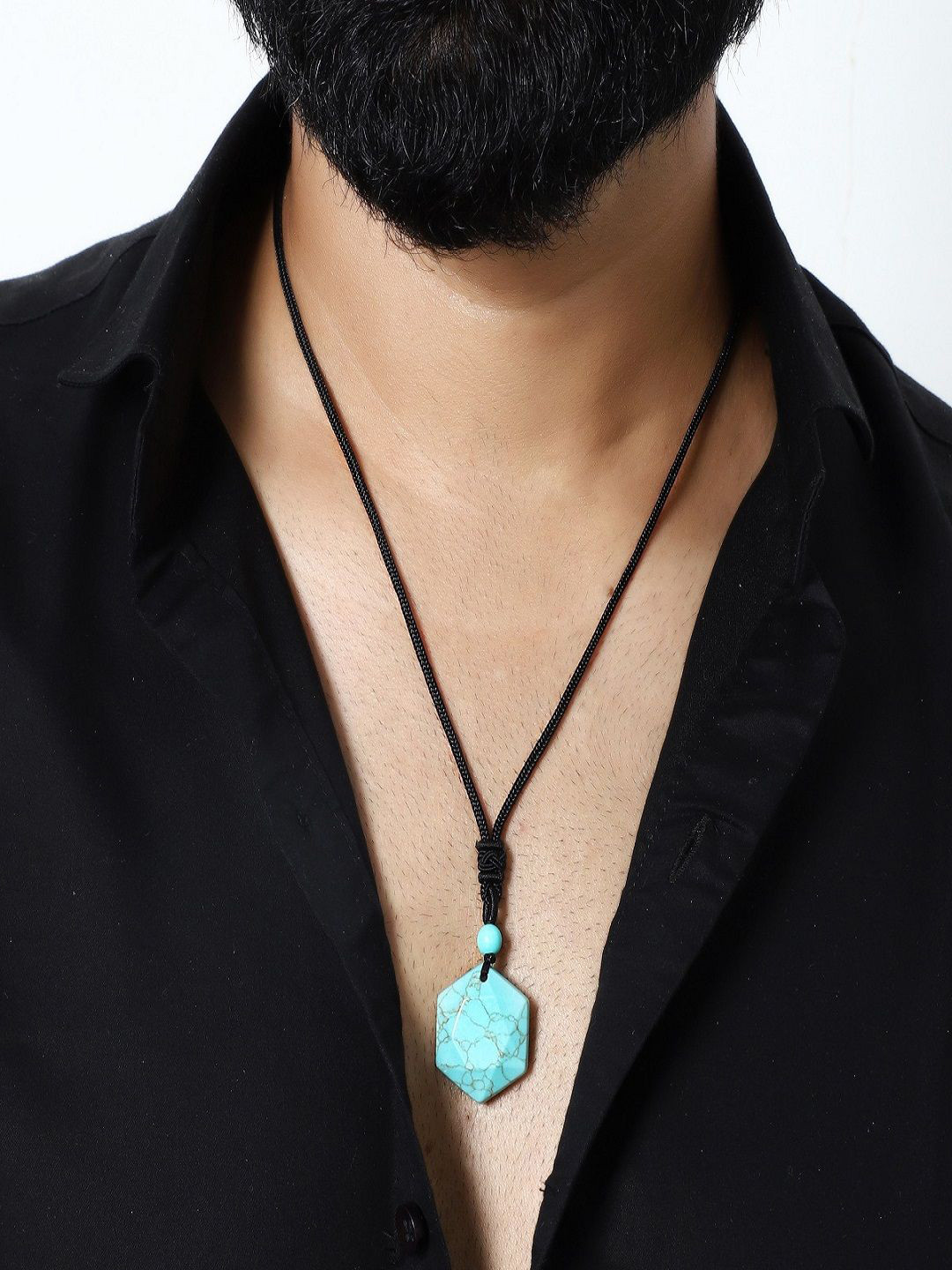 Nirvana Men Stainless Steel Geometric Shaped Turquoise Hexagram Rope Pendants