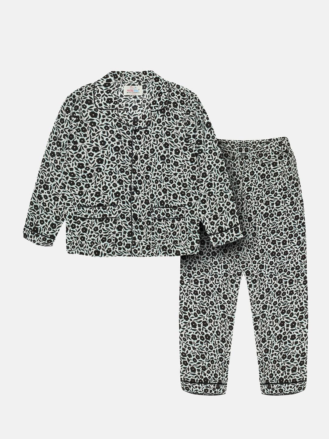 YOUNG BIRDS Kids Floral Printed Lapel Collar Pure Cotton Shirt With Pyjama