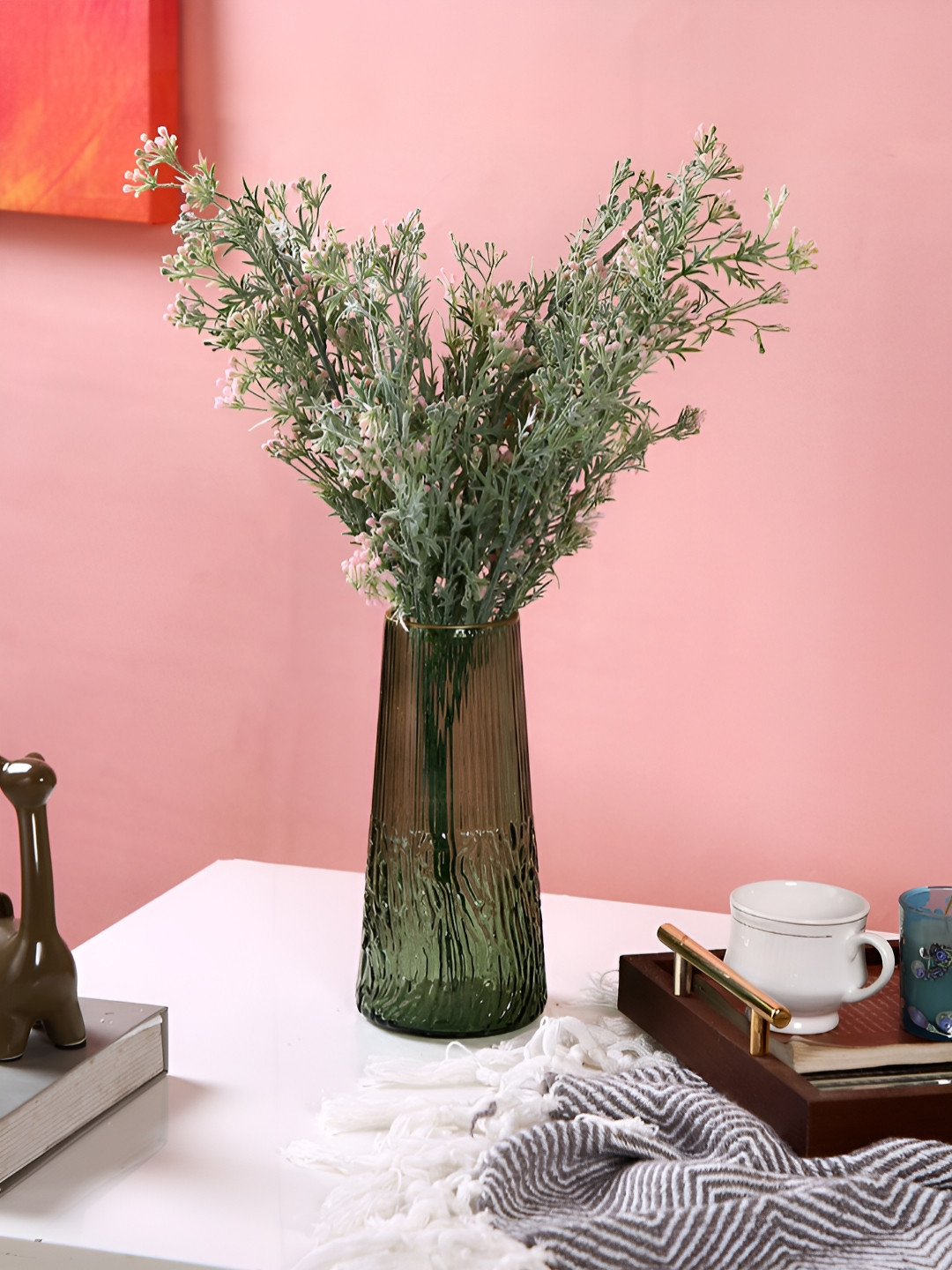 TAYHAA Mosswood Ripple Olive-Green Textured Glass Flower Vase