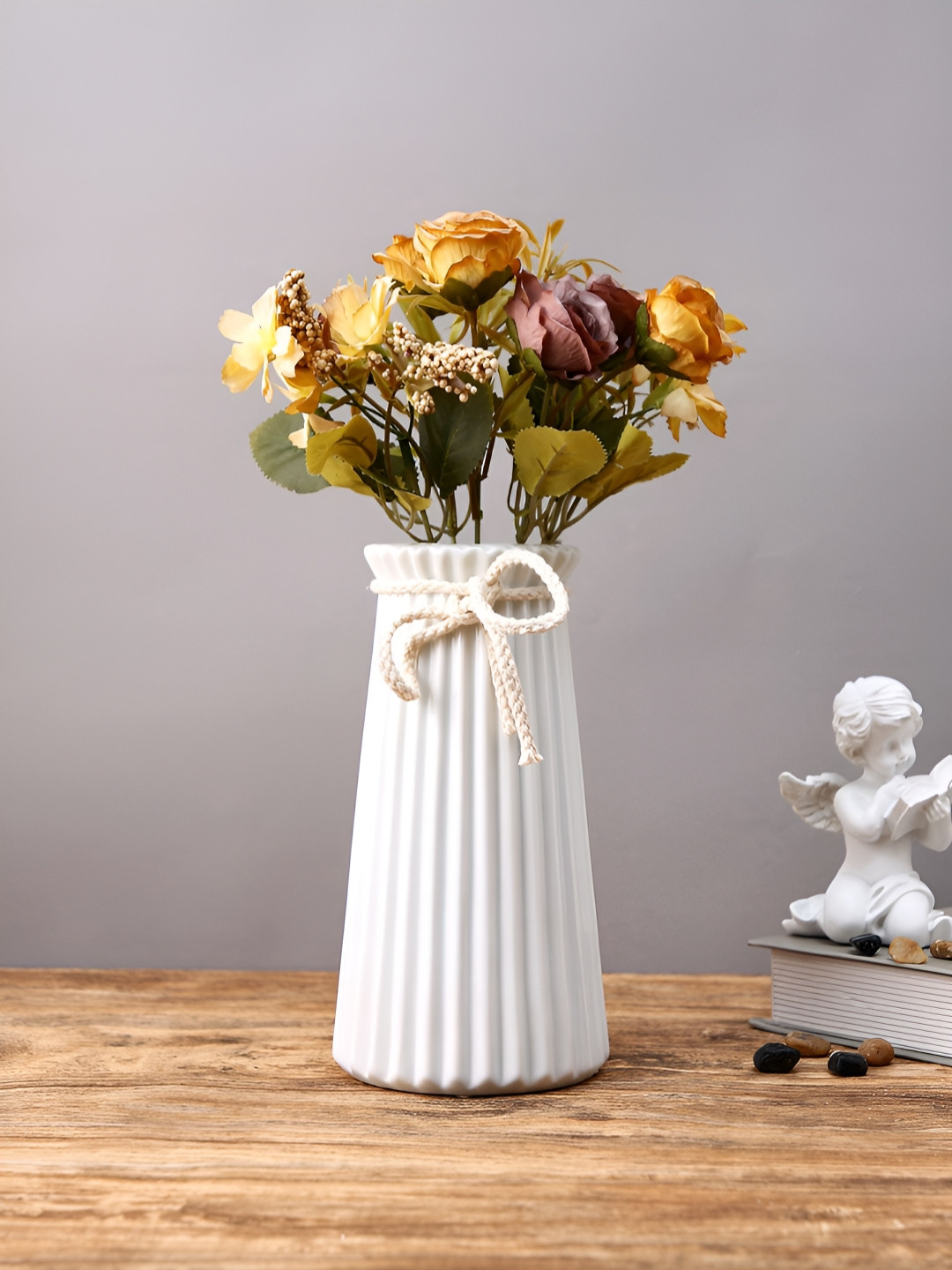 TAYHAA Classic Elegance White Striped Ceramic Rope Flower Vase