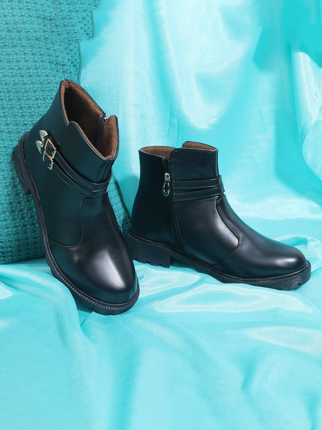 Padchin Women Monk Strap Block Heeled Zipper Closure Boots