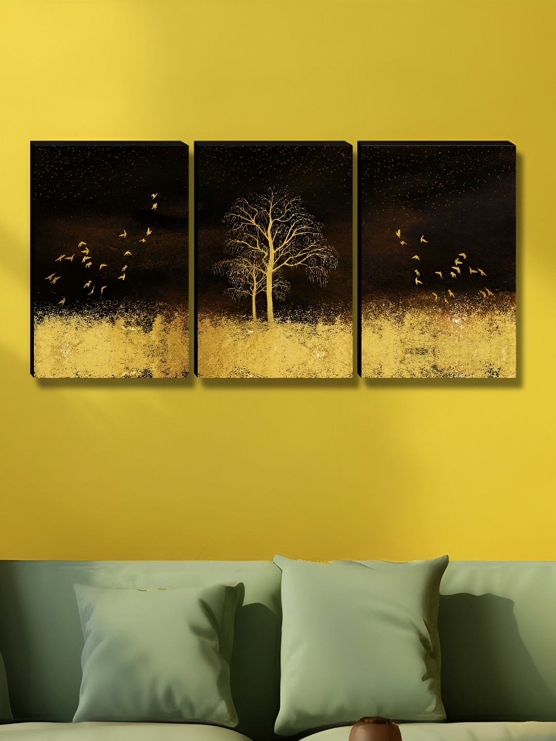 Myntra Elegant Homes Yellow & Black 3 Pieces Tree Wall Arts