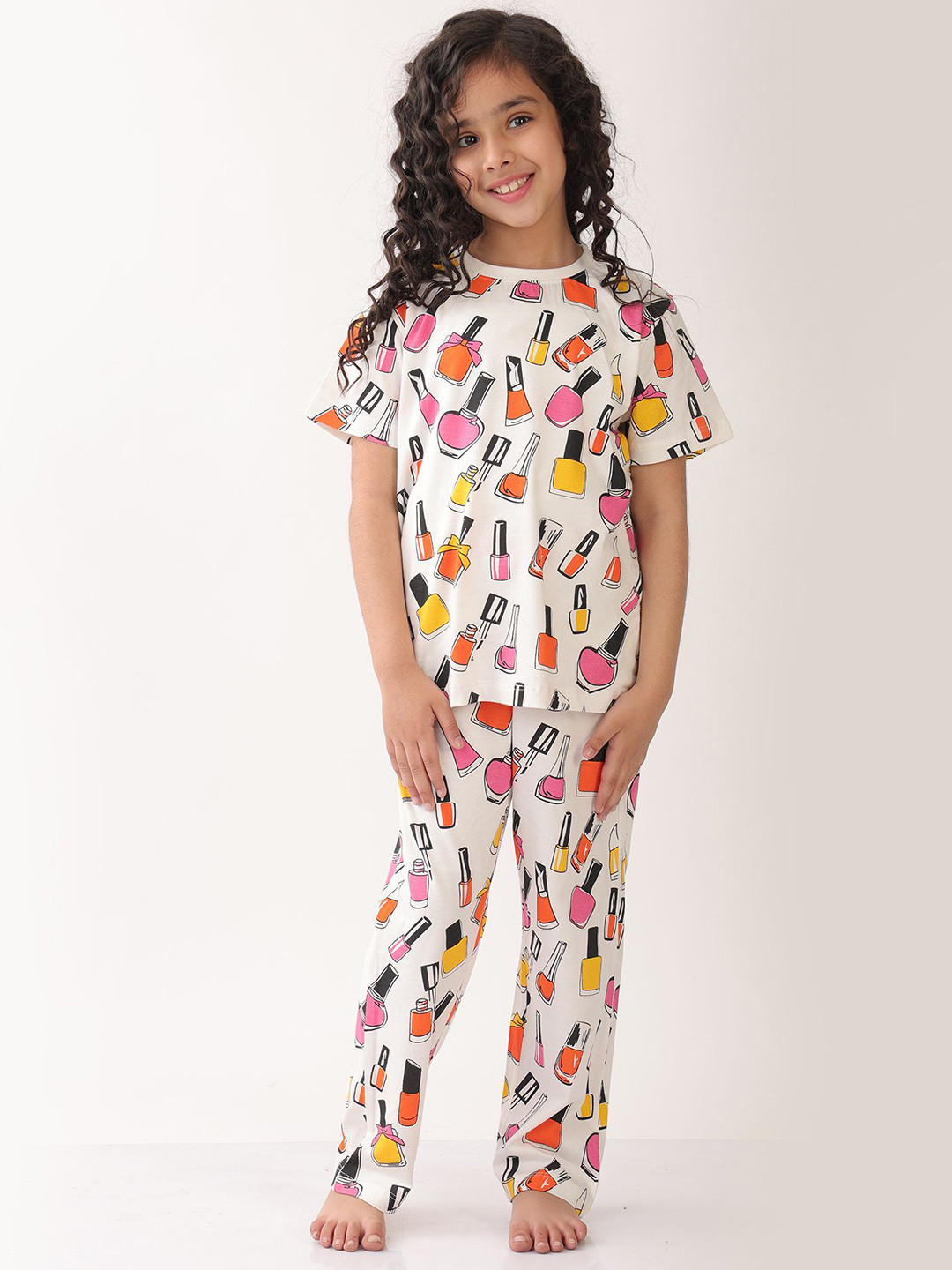 Anthrilo Girls Cotton Summer Nail Paint Short Sleeve Pyjama Set White