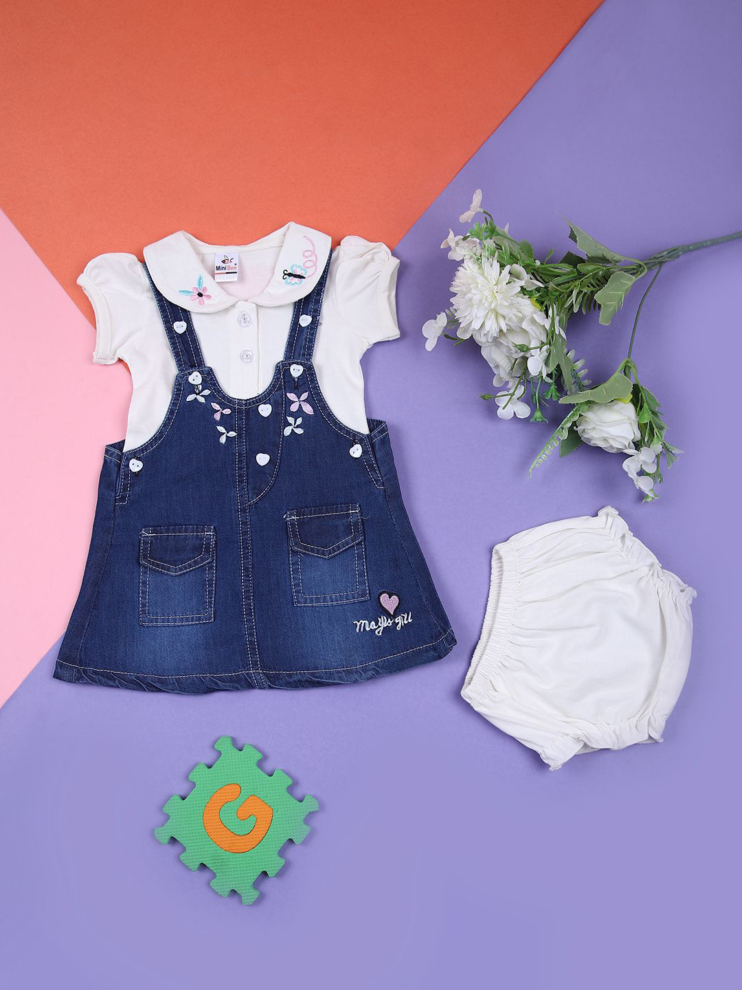 V-Mart Infant Girls Knit-Denim Cotton Dungarees