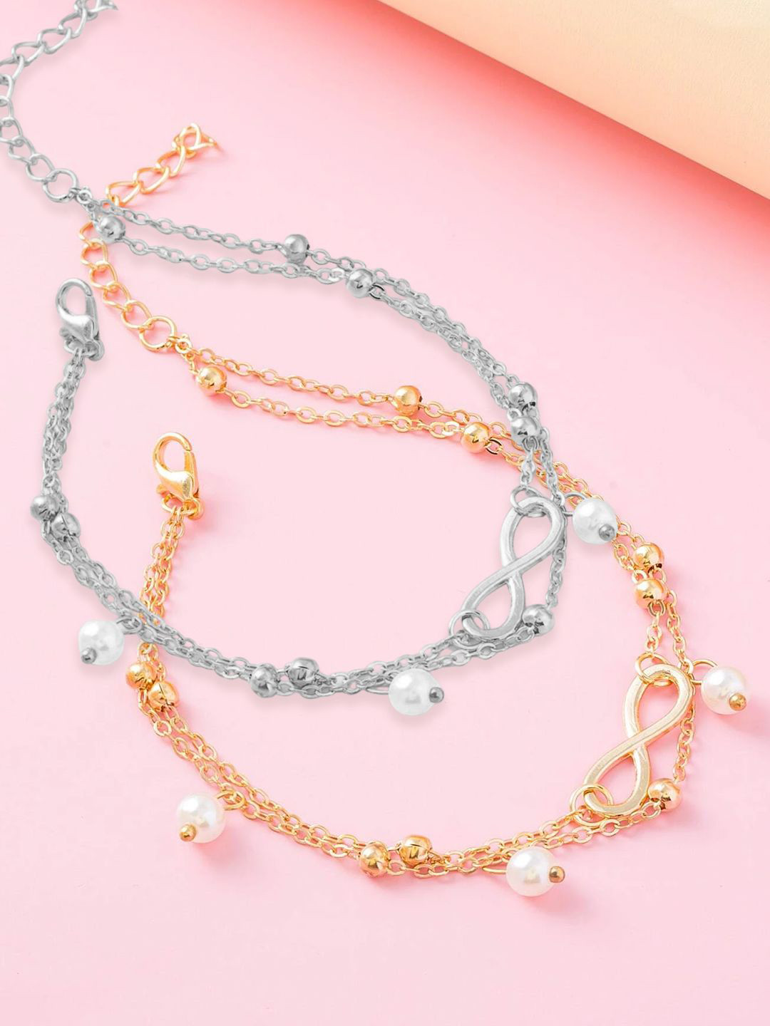 DressBerry Set of 2 Gold & Silver-Plated Multi Layer Pearls Beaded Anklets