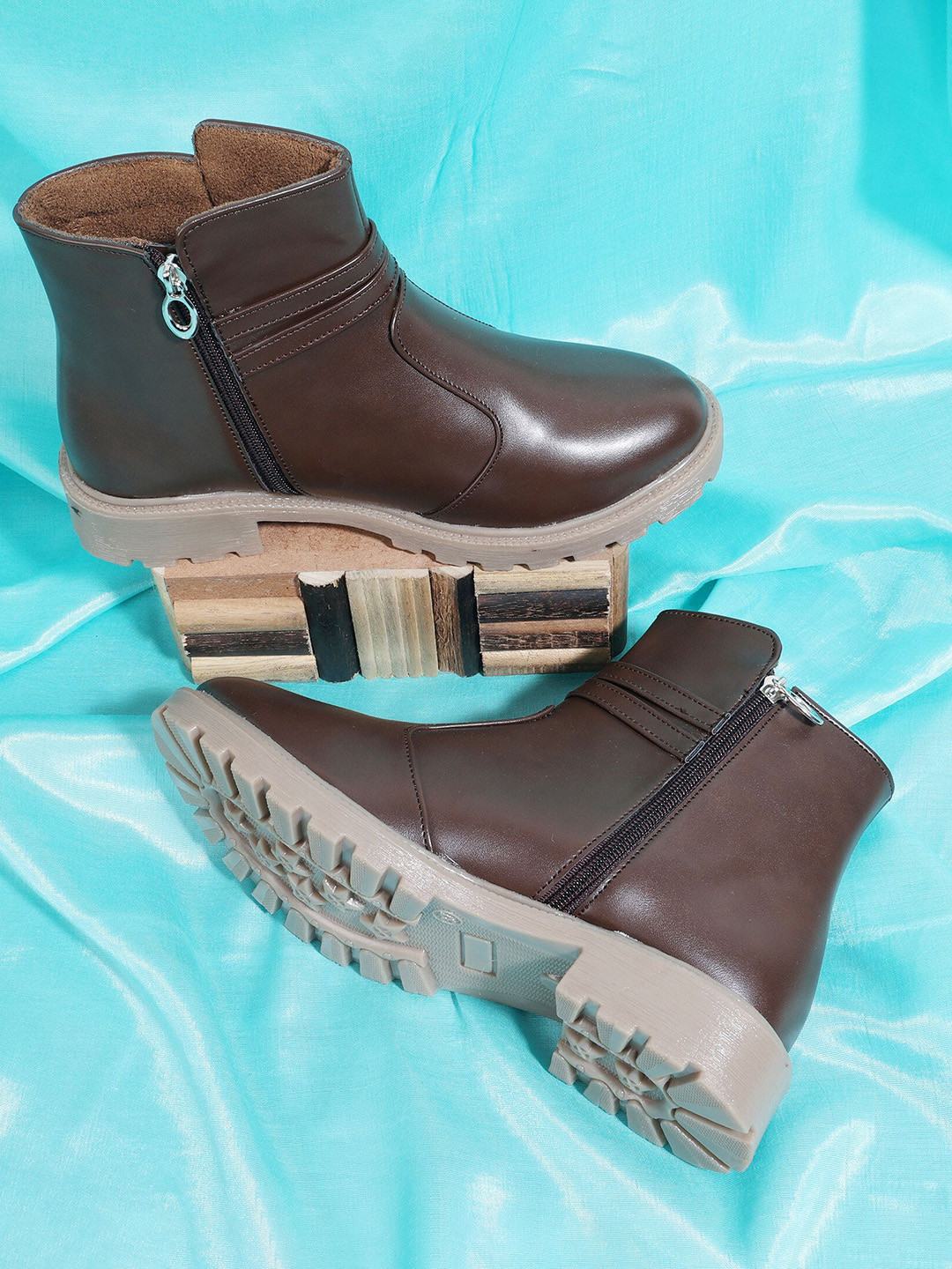 Padchin Women Monk Strap Block Heeled Zipper Closure Chunky Boots