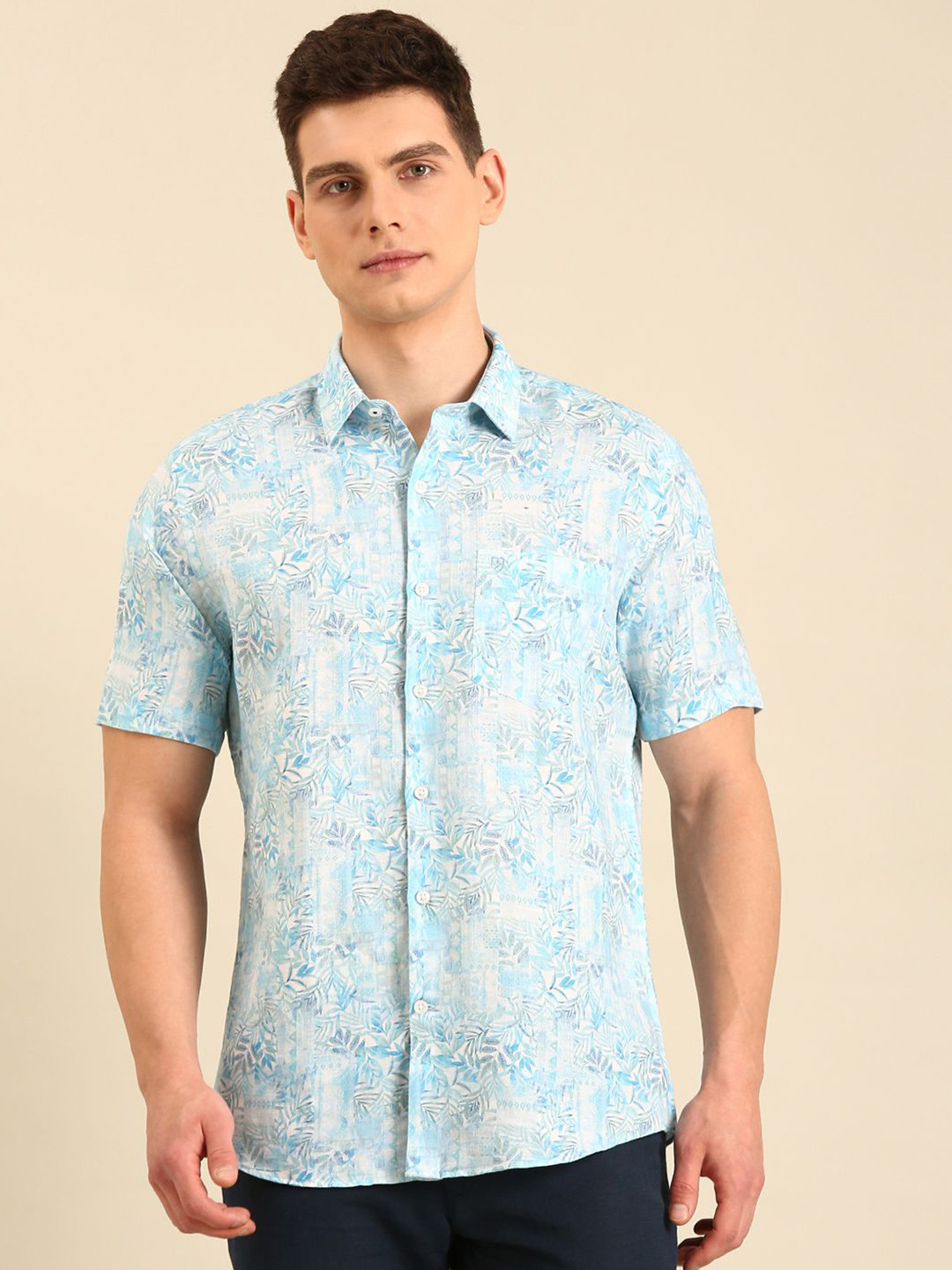 Linen Club Bahama Contemporary Slim Fit Floral Printed Spread Collar Linen Casual Shirt