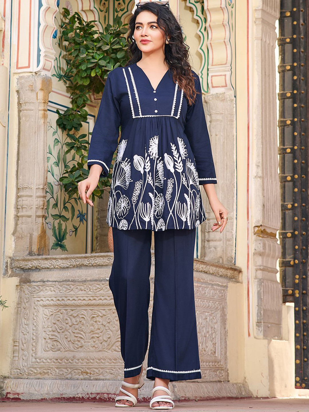 Navy Blue Embroidered V-Neck Tunic & Trousers Set