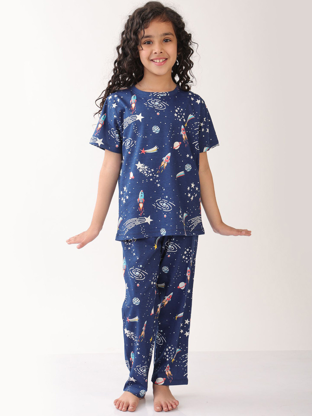 Anthrilo Summer Solar Dreams Girls Short Sleeve Pure Cotton Pyjama Set - Navy