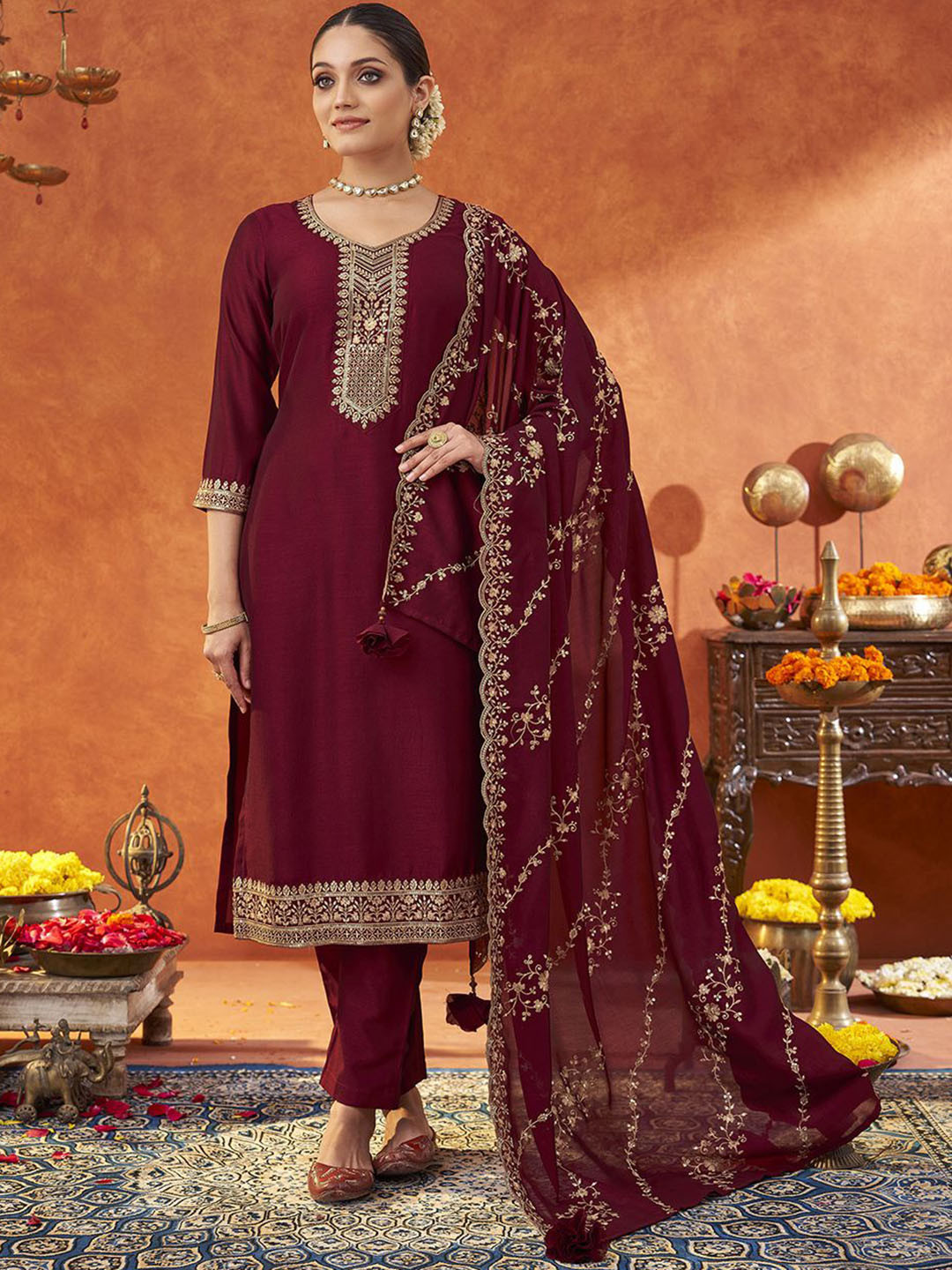 DIVASTRI Floral Embroidered Sequinned V-Neck Kurta With Trousers And Dupatta