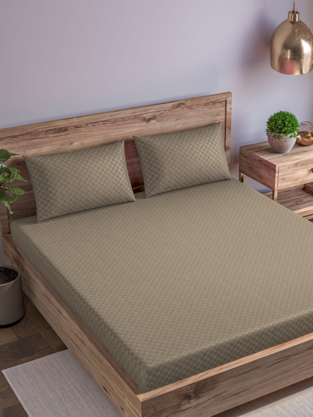 Trance Home Linen Taupe Self Design Cotton 300 TC Fitted Single Fine Bedsheet with a Pillow Cover-182 x 76 cm