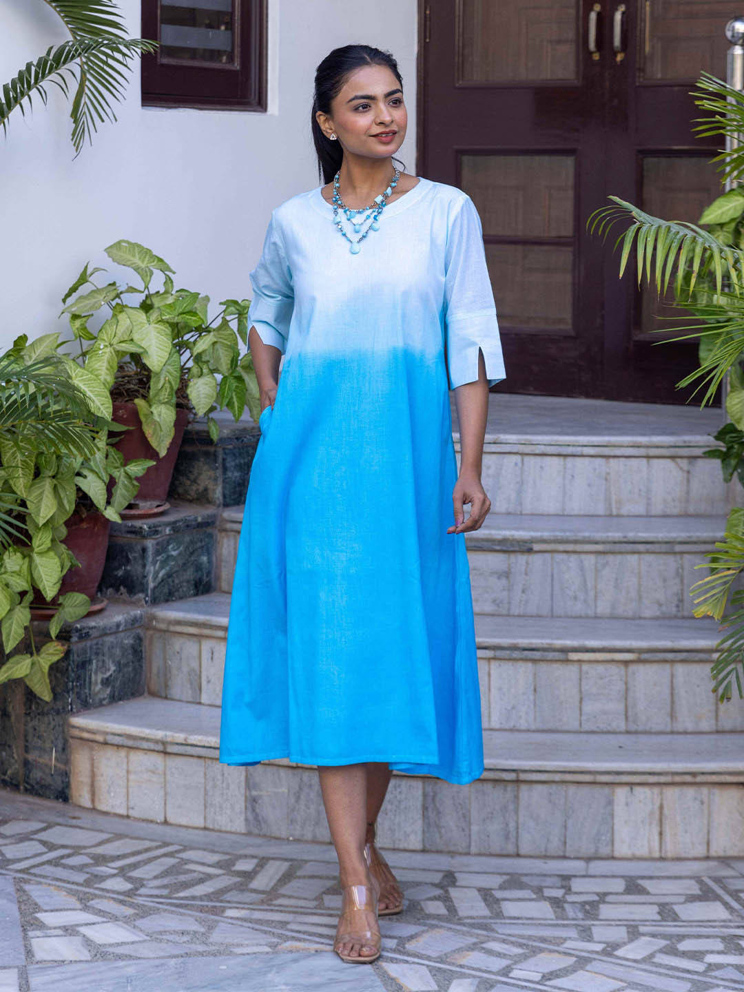 INAAYA JAIPUR Tie and Dye Dyed Slit Sleeve A-Line Maxi Dress