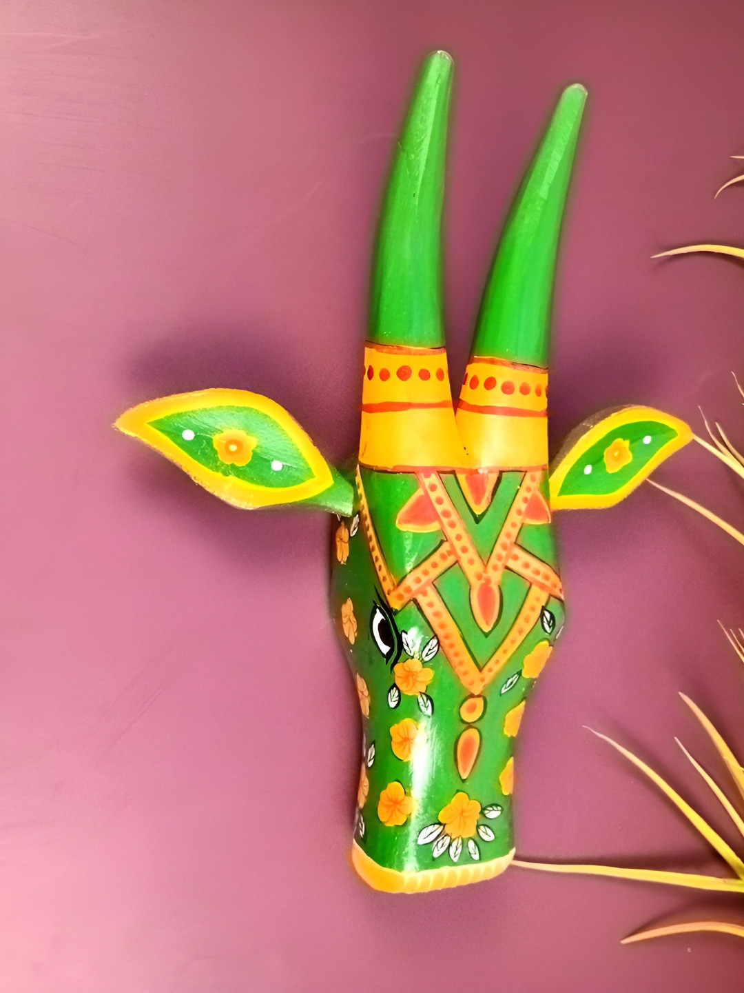 apka mart Green & Yellow Printed Wooden Cow Head Wall Hanging
