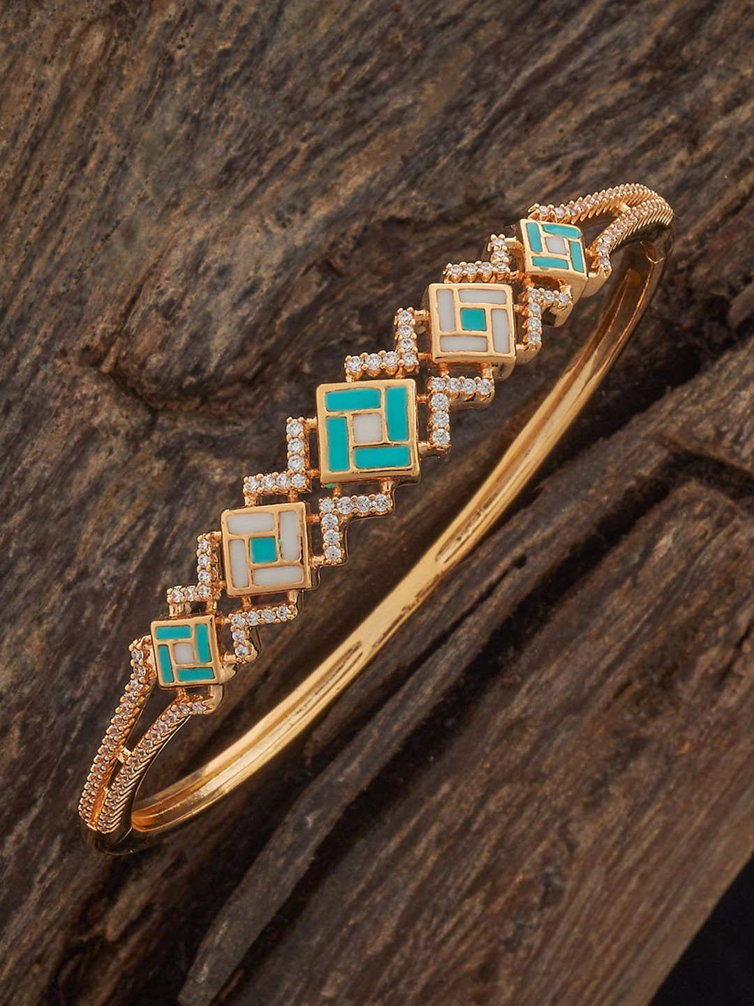 Kushal's Fashion Jewellery Gold Plated Ivory-Mint Green Cubic Zircon Studded Kada Bangle