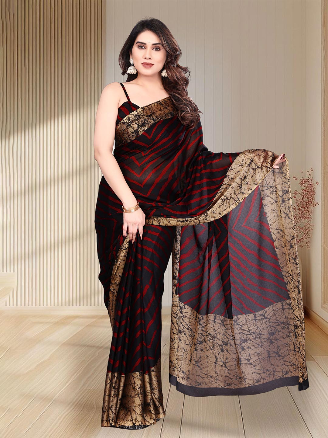 MAGNEITTA Striped Printed Pure Chiffon Saree