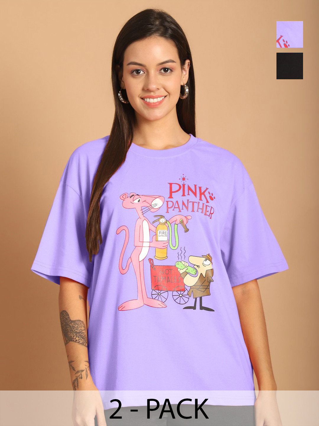 Tromko Women Pack of 2 Pink Panther Graphic Printed Round Neck Cotton Oversized T-shirts