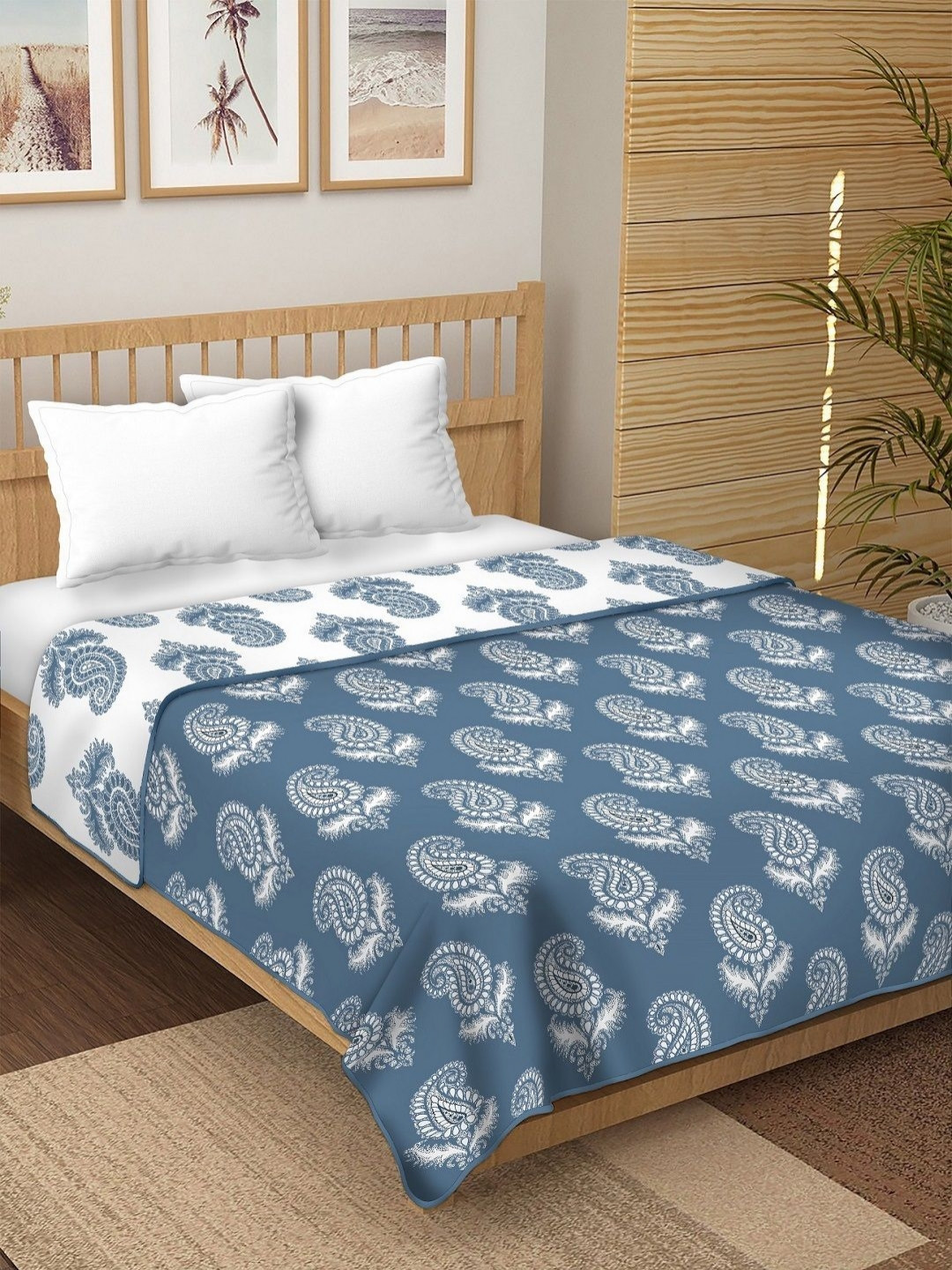 CHICERY Blue & White Paisley Printed 210 GSM Pure Cotton AC Room Single Bed Dohar