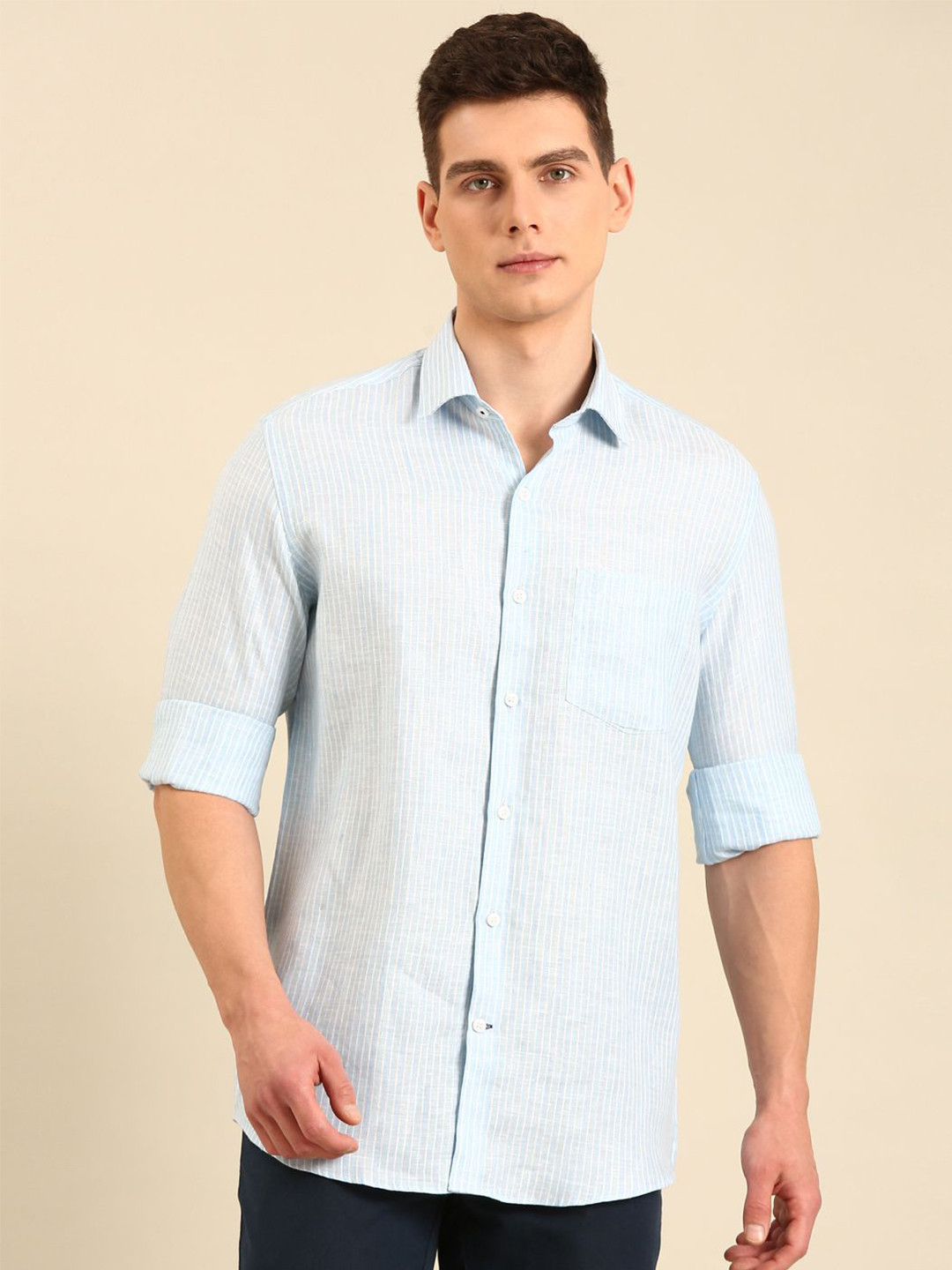 Linen Club Regular Fit Pinstripes Pure Linen Casual Shirt