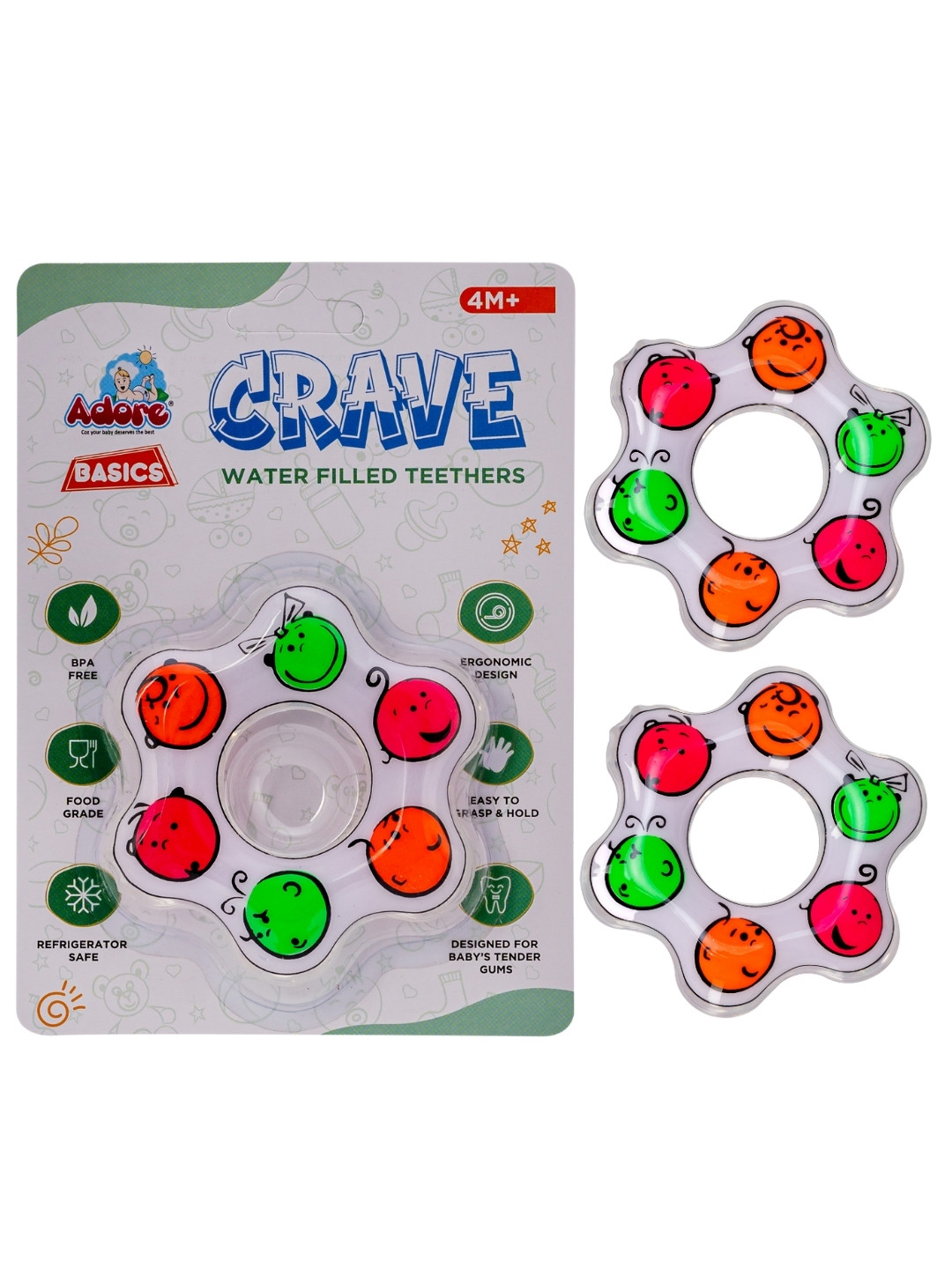 Adore Kids set of 2 White & Green Fidget Smiley Design Crave Water Filled Teethers