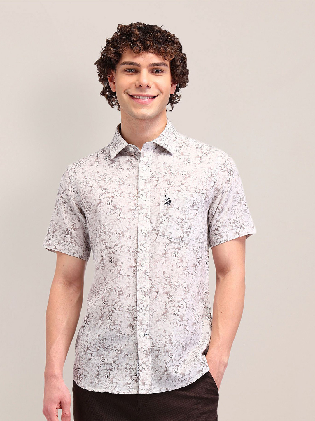 U.S. Polo Assn. Men Floral Printed Poplin Linen Tailored Fit Shirt